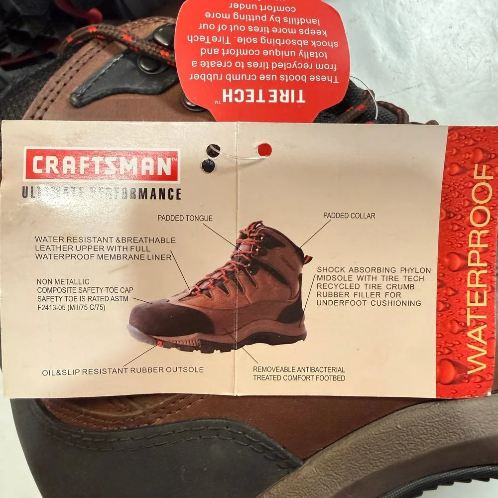 Craftsman Mens 9.5 Waterproof Composite Safety Toe Work Boots Brown 84998 NEW